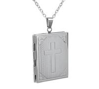 DEIMODRA Collana Medaglione Portafoto in Acciaio Inossidabile - Ciondolo Libro con Croce che si Apre con Foto Dentro - Idea Regalo Ricordo - Argento