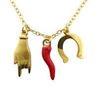 DEIMODRA Collana Portafortuna con 3 Ciondoli | Mano Cornuta, Cornetto Rosso e Ferro di Cavallo | Acciaio Inossidabile | Simboli Italiani contro il Malocchio | Colore Oro