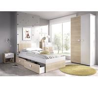 DEKIT GRUPO RIMOBEL DINA PACK - Set letto 90x190 con due cassetti, comodino, cassettiera a tre cassetti e armadio - NATURALE/BIANCO