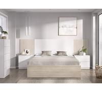 DEKIT GRUPO RIMOBEL LOMA PACK - Set con testata, due comodini, struttura letto 135/140X190 e cassettiera con cinque cassetti - Bianco/Rovere effetto cannettato/Naturale