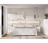 DEKIT GRUPO RIMOBEL NIZA PACK - Set di testata con due comodini a due cassetti, cassettiera a cinque cassetti e armadio con due ante scorrevoli - Naturale/Bianco