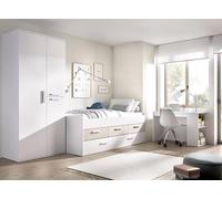 DEKIT GRUPO RIMOBEL PACK LEKA - Set letto compatto con tre cassetti, armadio e scrivania - Bianco/Rovere effetto cannettato