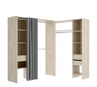 DEKIT GRUPO RIMOBEL SUIT - Composizione di Cabina Armadio angolare con due colonne, zona con barre appendiabiti e tenda - Rovere Naturale - 205 x 164-214 x 141 cm