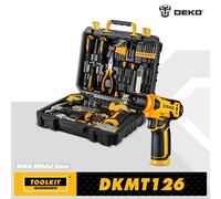 DEKO 126 pezzi kit combinati per utensili elettrici 10MM 3/8 ''mandrino autoserrante, con trapano a batteria 8V, kit di utensili manuali fai da te per uso domestico professionale Grey