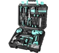 Deko Cassa porta attrezzi completa con cacciavite elettrico/trapano con batteria da 8 V, valigetta da 126 pezzi, cassetta professionale di attrezzi domestici per bricolage, ufficio e giardino, ciano
