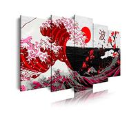 DekoArte 536 - Quadri moderni Stampa di Immagini Artistica Digitalizzata | Tela Decorativa Per Soggiorno o Stanza da letto | Stile Astrazioni Arte La Grande Onda Di Kanagawa Rosso | 5 Pezzi 150x80cm