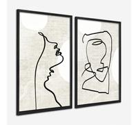 DekoArte - Quadri moderni soggiorno line art 50x70 cm x2 con cornice | Set 2 quadri con cornice nera, stampa astratta stile volti minimalista in toni beige e nero, pronti da appendere
