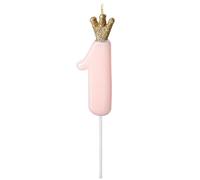 DekoHaus Candela di compleanno numero 1 rosa con corona oro - Candela per torta 9,5 cm con bastoncini di legno, candela per 1° compleanno, compleanno per bambini, baby shower