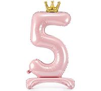 DekoHaus Palloncino in pellicola, numero 5, rosa con corona, 103 cm, palloncino metallico, riempito solo con aria, decorazione di compleanno per ragazze, feste per bambini, anniversario e festa della