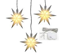 Dekohelden24 833400-A - Set di 3 stelle di Natale in plastica, con illuminazione a LED e timer da 6 ore, per uso a batteria, per interni ed esterni. Dimensioni di ogni stella (lunghezza x larghezza x