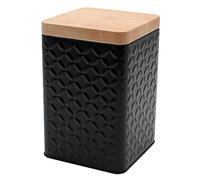 Dekohelden24 Barattolo per biscotti in metallo nero, coperchio effetto legno, dimensioni (L x P x A): ca. 10,5 x 10,5 x 16 cm