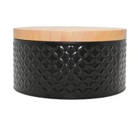 Dekohelden24 Barattolo per biscotti in metallo nero, piatto, coperchio effetto legno e motivo goffrato, dimensioni: H/Ø 10 x 19,5 cm