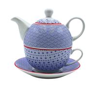 Dekohelden24 Brocca in porcellana, tea for one Set, caraffa da portata per tè, teiera, servizio da tè, tazza da tè con teiera, set da teiera retrò con tazza da tè in porcellana blu, L x P 15 x 15 x 16
