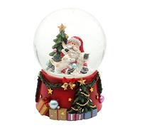 Dekohelden24 Grande palla di neve, Babbo Natale con cane e albero di Natale, con suono su base finemente decorata, dimensioni (L x P x A): 10 x 10 x 14 cm, sfera Ø 10 cm