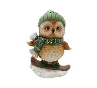 Dekohelden24 Gufo invernale, statuetta natalizia, gufo, decorazione di caucciù, figura invernale con sciarpa e snowboard in ceramica, colore verde e marrone, 9 x 7 x 15 cm (lunghezza x larghezza x