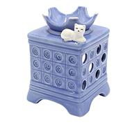 Dekohelden24 Lampada profumata come stufa in maiolica, colore blu, con gatto/lampada aromatica/lampada profumata, lunghezza x larghezza x altezza: ca. 10 x 10 x 15 cm