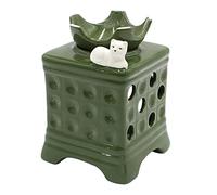 Dekohelden24 Lampada profumata come stufa in maiolica, verde, con gatto/lampada aromatica/lampada profumata, lunghezza x larghezza x altezza: ca. 10 x 10 x 15 cm