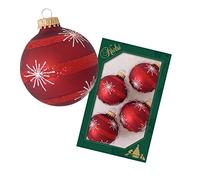 Dekohelden24 Lauschaer (CBK90214) - Set di 4 palline per albero di Natale in rosso opaco, decorate a mano con glitter - decorazioni in rosso e bianco, con corona d'oro, dimensioni Ø circa 7 cm