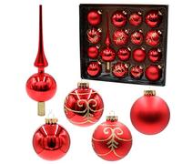 Dekohelden24 Lauschaer - Set di 16 palline con 1 punta in vetro, decorate a mano, rosso opaco e lucido, 6,7 e 8 cm, con corona dorata.