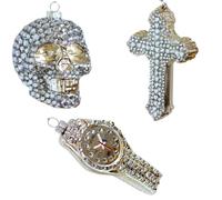 Dekohelden24 Lauschaer - Set di 3 decorazioni per albero di Natale, con croce, teschio e orologio, palline di Natale Lauscha, palline di vetro, palline di Natale, decorazioni in vetro di Lauscha, da 8
