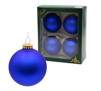 Dekohelden24 Lauschaer - Set di 4 palline per albero di Natale, colore blu, satinato, 8 cm, con corona dorata + 50 ganci rapidi in oro.
