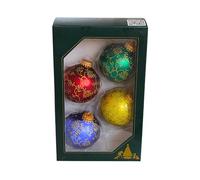 Dekohelden24 Lauschaer - Set di 4 palline per albero di Natale Lauscha, palline di vetro, eleganti palline per albero di Natale con decorazioni glitterate in 4 colori, in Lauscha 7 cm, con corona