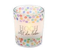 Dekohelden24 Portacandela in vetro con motivo su una fascetta trasparente, con 1 candela, altezza 6,5 x 6 cm, motivo: "High sollst du Leben. "