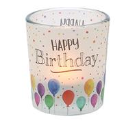 Dekohelden24 Portacandela in Vetro Fascetta Trasparente, Include 1 Candela, Altezza 6,5 x 6 cm, Motivo Birthday, Windlichtglas Happy, 6 cm