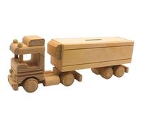 Dekohelden24 Salvadanaio in legno portatile sostenibile - salvadanaio come camion, rimorchiatore - salvadanaio per bambini camion - salvadanaio per bambini, camion risparmiatore, sella camion in legno