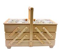 Dekohelden24 Scatola da cucito di alta qualità in legno impiallacciato con 7 scomparti e rivestimento in tessuto, motivo rosa naturale, 42 x 20 x 21 cm (lunghezza x larghezza x altezza)