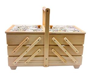 Dekohelden24 Scatola da cucito di alta qualità in legno impiallacciato con 7 scomparti e rivestimento in tessuto, motivo rosa naturale, 42 x 20 x 21 cm (lunghezza x larghezza x altezza)