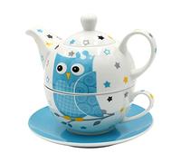 Dekohelden24 Set da tè in Porcellana per Una Persona con Gufo, 3 Pezzi, 16 x 14 x 10 cm, capacità teiera, Tazza 400-200 ml, Colore: Bianco/Blu, 10 cm