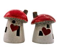 Dekohelden24 Set di 2 funghi in ceramica con LED, cappello a fungo rosso con camino, con decorazione a cuore e piccole finestre come regalo per la festa della mamma, dimensioni: H/Ø ca. 11 x 8 cm