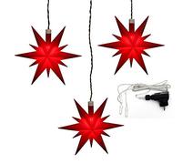 Dekohelden24 Set di 3 stelle di Natale in plastica, con illuminazione a LED e adattatore, per interni ed esterni, dimensioni: 13,5 x 5,5 x 12 cm, colore: rosso