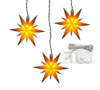 Dekohelden24 Set di 3 stelle di Natale in plastica giallo, con illuminazione a LED e timer da 6 ore, per uso interno ed esterno. Dimensioni di ogni stella: 13,5 x 5,5 x 12 cm.