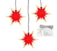 Dekohelden24 Set di 3 stelle natalizie in plastica di colore rossogiallo, con illuminazione a LED e timer da 6 ore, per uso interno ed esterno. Dimensioni di ogni stella (lunghezza x larghezza x