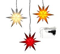 Dekohelden24 Set di 3 stelle natalizie in plastica rosso, giallo e bianco, con illuminazione a LED e adattatore, per interni ed esterni, 12 cm