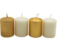 Dekohelden24 - Set di 4 candele a pilastri per corona dell'avvento, da tavolo, colore: oro/bianco, contenuto della confezione: 5 x 5 x 7 cm (lunghezza x larghezza x altezza)