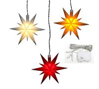 Dekohelden24 Set di stelle natalizie in plastica rosso, bianco e giallo, con illuminazione a LED e timer da 6 ore, per funzionamento a batteria, adatto per interni ed esterni.