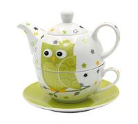 Dekohelden24 Set di teiera in porcellana con gufo, 3 pezzi, L/L/A/H 16 x 14 x 10 cm, capacità teiera - tazza 400 - 200 ml