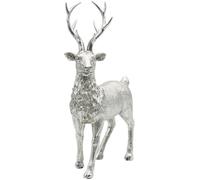 Dekohelden24 Statuetta decorativa in ceramica, statuetta decorativa moderna, scultura rustica come cervo in argento, con glitter, in piedi, lunghezza 24 x larghezza 10 x 36 cm