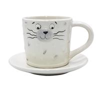 Dekohelden24 Tazza da caffè in porcellana, con piattino/piatto con viso di gatto, altezza totale 8 cm, capacità ca. 150 ml