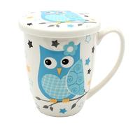 Dekohelden24 Tazza da tè in ceramica con colino in metallo e coperchio, motivo gufi in blu e stelle, dimensioni: 11 x 8 cm, capacità: ca. 250 ml
