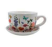 Dekohelden24 Vaso per Fiori, Vaso per Piante, Vaso per Fiori con Manico in Ceramica, Motivo Prato Floreale, Lunghezza 20 x 15 x 12 cm