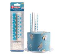 dekora - 16 Candeline Compleanno Lunghe Mix Azzurro 13 cm | Candeline lunghe azzurre con supporti, Decorazione per torta bambini e tavola dolce