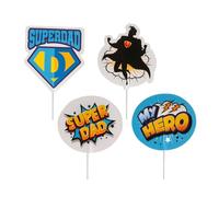 Dekora - Cake Topper in Carta Festa del Papà per Decorare Torte e Cupcake 10 cm, Set 8 Pezzi (4 Design), Tema Supereroe “Superdad/My Hero”