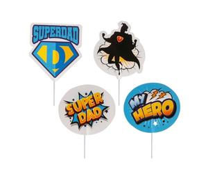 Dekora - Cake Topper in Carta Festa del Papà per Decorare Torte e Cupcake 10 cm, Set 8 Pezzi (4 Design), Tema Supereroe “Superdad/My Hero”