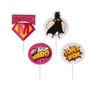 dekora - Cake Topper in Carta Festa della Mamma per Decorare Torte e Cupcake 10 cm, Set 8 Pezzi (4 Design), Tema Supereroina “Supermom/My Hero”