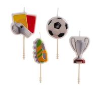 dekora - Candele di compleanno a tema calcio 8 cm | 4 modelli unici | fischietto, tazza, calcio, palla, stivale | decorazione perfetta per feste di tifosi di calcio