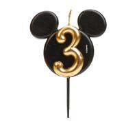dekora - Candeline di Compleanno di Topolino - Candele di Disney di Cera di Paraffina Senza Fragranza - Candela di Compleanno con Orecchie di Mickey Mouse Nero e Oro - 8,5 cm - Candeline Numero 3